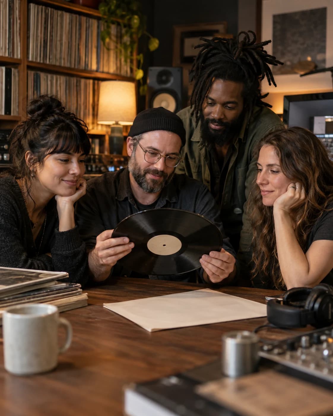 Musicians and an engineer sharing a vinyl record around a studio table